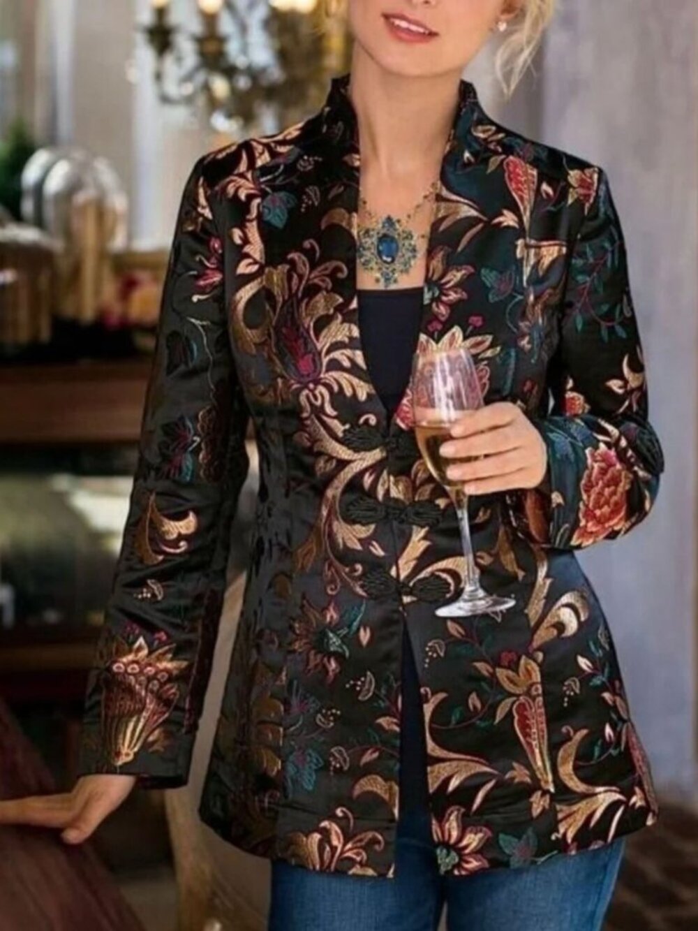 Soft Surroundings Moon Dynasty Floral Oriental Jacquard Jacket in Medium